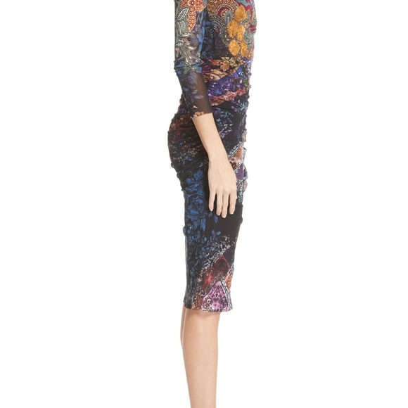 Fuzzi 3/4-Sleeve Printed Body-Con Tulle Dress - Picture 4 of 7